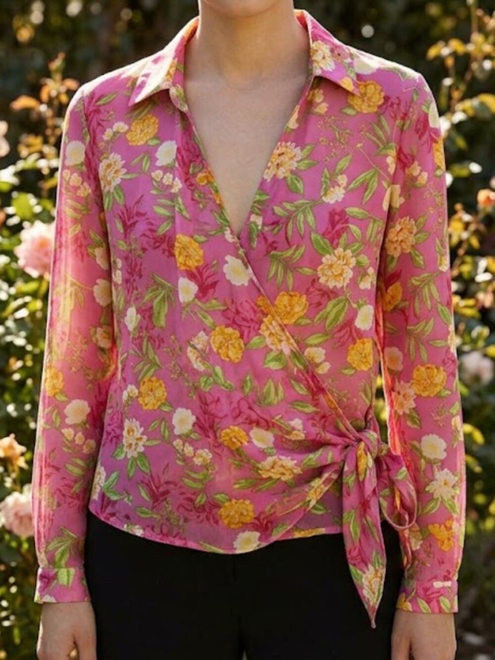 Active USA Floral Semi-Sheer Wrap Blouse - Pink & Yellow Floral Tie side Top L